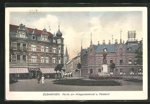 AK Euskirchen, Partie am Kriegerdenkmal und Postamt, Hotel Zur Post