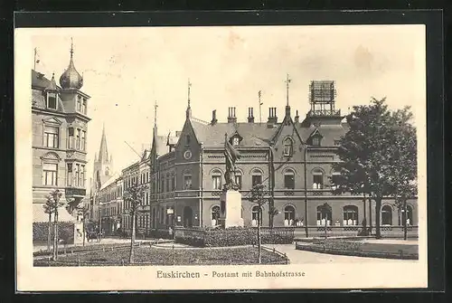 AK Euskirchen, Postamt mit Bahnhofstrasse und Denkmal