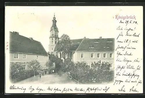 Relief-AK Königsbrück, Gartenpartie mit Kirche