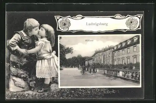 AK Ludwigsburg, Schloss, Kinderpaar küsst sich