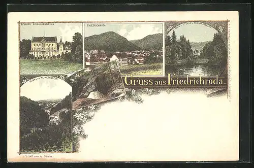 Lithographie Friedrichroda, Schloss Reinhardsbrunn, Blick ü. d. Teiche i. Reinhardsbrunn, Blick vom Klinkenstein