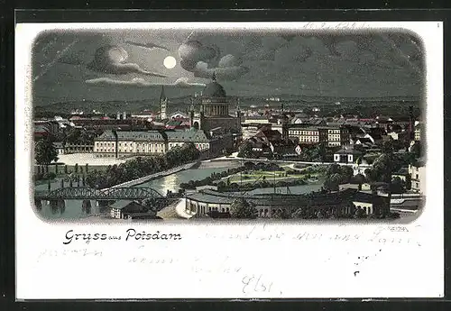 Lithographie Potsdam, Teilansicht bei Mondschein