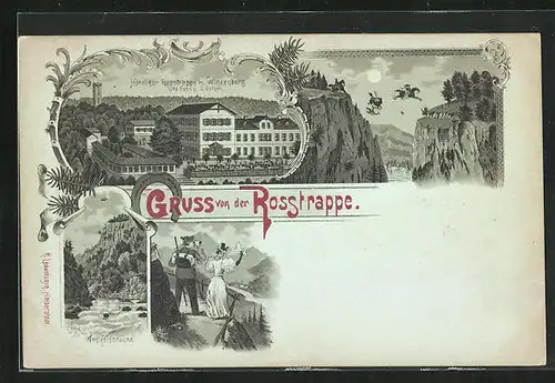 Mondschein-Lithographie Thale, Hotel zur Rosstrappe, Teufelsbrücke, Winzenburg