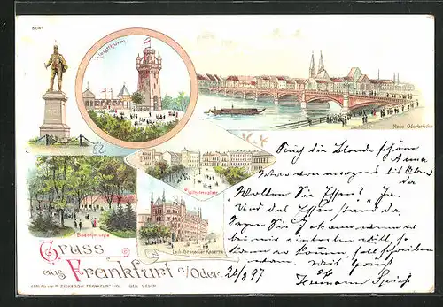 Lithographie Frankfurt /Oder, Kleistturm, Wilhelmsplatz, Gasthaus Buschmühle