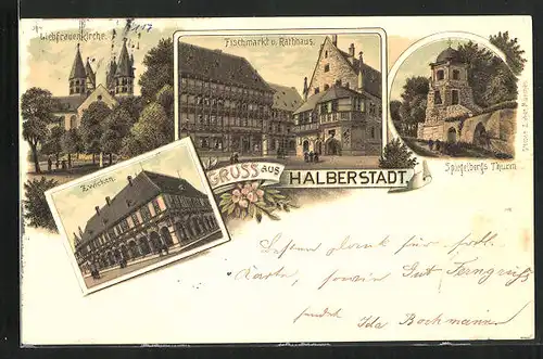 Lithographie Halberstadt, Fischmarkt und Rathaus, Liebfrauenkirche, Zwicken