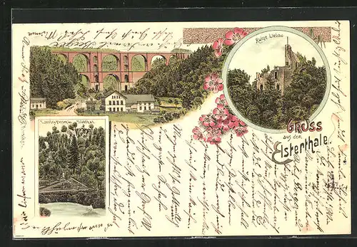 Lithographie Jocketa, Ruine Liebau, Brücke, Loreley-Felsen im Triebthal