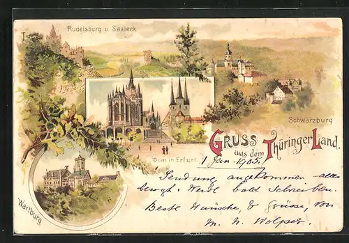 Lithographie Schwarzburg, Rudelsburg u. Saaleck, Wartburg
