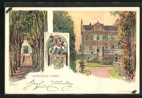 Lithographie Liebenberg /Mark, Denkmal, Allee zum Eingang der Villa