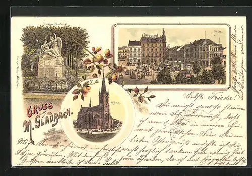 Lithographie M. Gladbach, Kirche, Platz, Kiregerdenkmal