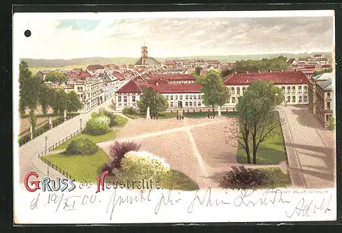 Lithographie Neustrelitz, Platz aus der Vogelschau