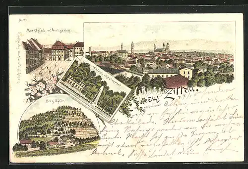 Lithographie Zittau, Weinau-Restaurant, Marktplatz mit Amtsgericht