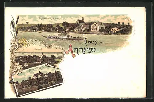 Lithographie Schondorf /Ammersee, Dampfer passiert den Ort, Schloss und Stahlbad Greifenberg