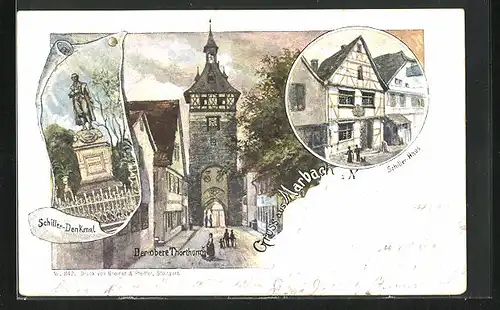 AK Marbach a. N., Schiller-Haus, Oberer Thorthurm, Schiller-Denkmal