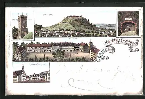 Lithographie Hohenasperg, Festungshof, Aussichtsturm, Rathaus