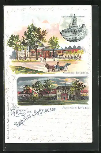 Lithographie Rathsfeld a. Kyffhäuser, Gasthaus Rathsfeld, Jagdschloss, Kyffhäuser-Denkmal