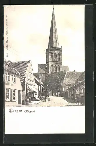 AK Bergen /Rügen, Marktstrasse mit Kirche