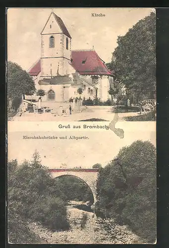 AK Brombach, Eisenbahnbrücke und Albpartie, Kirche