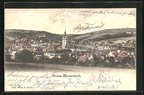 AK Gross-Meseritsch, Blick auf gesamten Ort vom Felde aus