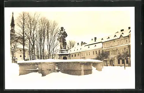 AK Nové Mesto na Morave, Statue im Winter