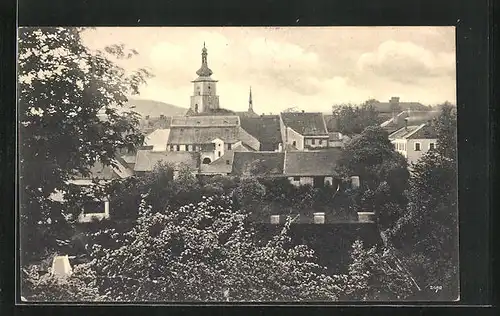 AK Nové Mesto na Morave, Blick auf Kirche vom Baum aus