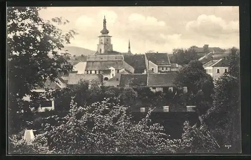 AK Nové Mesto na Morave, Baumausblick auf die Kirche