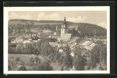 AK Velke Mezirici, Kirch mit Blick zum Schloss