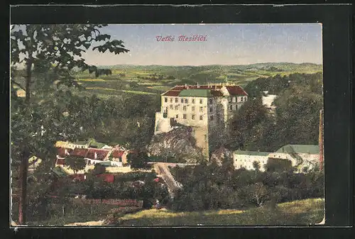 AK Velke Mezirici, Blick auf das Schloss mit Hügellandschaft