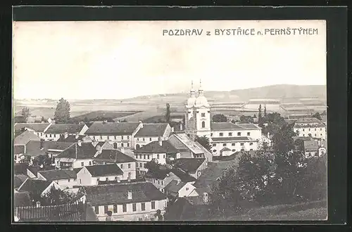 AK Bystrice nad Pernstynem, Teilansicht mit Kirche