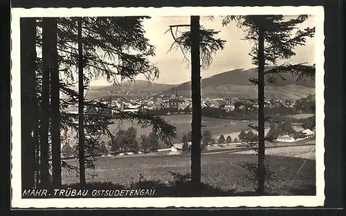 AK Mähr. Trübau, Bäume und Felder vor dem Ort