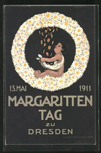 Künstler-AK Dresden, Margarittentag 1911, Kind fängt mit seinem Kleidchen Geldregen auf, Blumentag