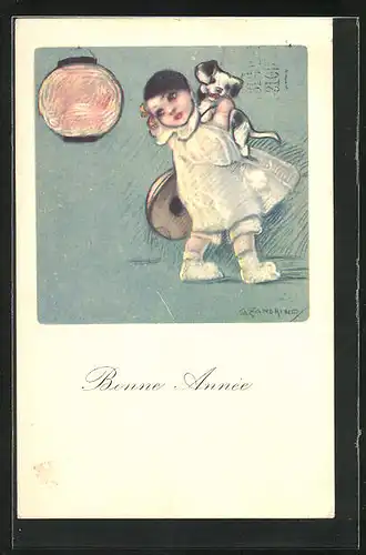 Künstler-AK A. Zandrino: Neujahrsgruss, Kindchen mit Welpen im Arm