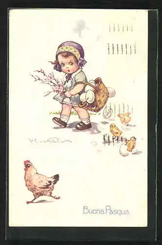 Künstler-AK Castelli: Buona Pasqua, Mädchen verliert Ostereier aus denen Küken schlüpfen