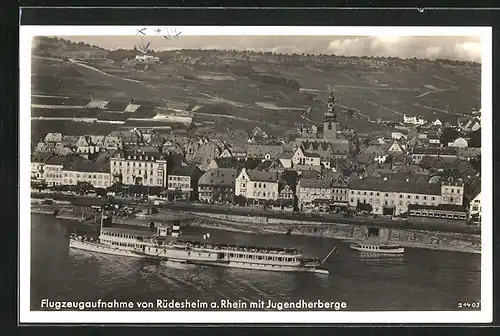 AK Rüdesheim a. Rhein, Fliegeraufnahme der Jugendherberge, Dampfer