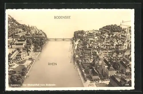 AK Konstanz, Rheinabfluss vom Bodensee mit Ort