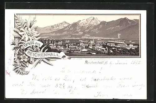 Vorläufer-Lithographie Reichenhall, 1895, Teilansicht mit Bad Achselmannstein