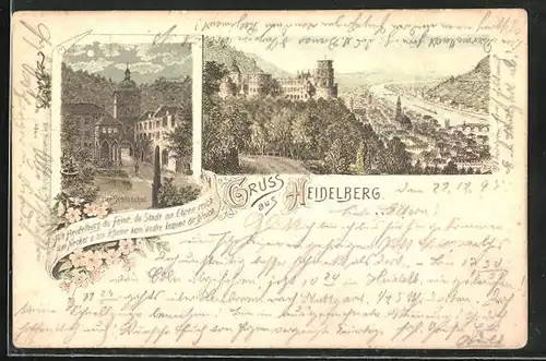 Vorläufer-Lithographie Heidelberg, 1895, Teilansicht, Der Schlosshof bei Mondschein
