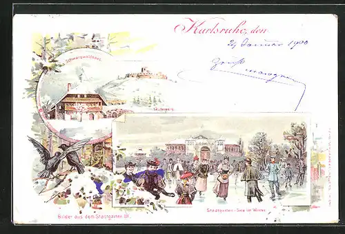 Winter-Lithographie Karlsruhe, Schwarzwaldhaus und Lauterberg, Stadtgarten See im Winter