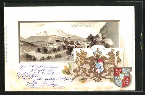 Passepartout-Lithographie Berchtesgaden, Teilansicht, Wappen