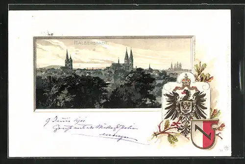 Passepartout-Lithographie Halberstadt, Teilansicht mit Kirchen, Wappen
