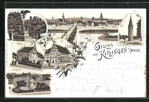 Lithographie Kitzingen am Main, Rathaus, Königsplatz, Falterturm