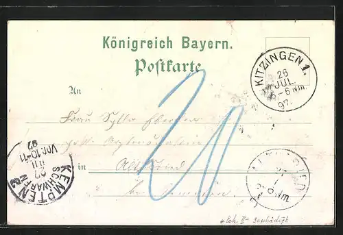 Lithographie Kitzingen am Main, Rathaus, Königsplatz, Falterturm