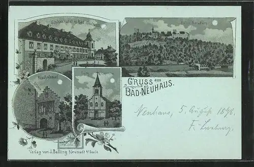 Mondschein-Lithographie Bad-Neuhaus, Schlosshotel, Burgkapelle, Ruine Salzburg, Bischofssaal