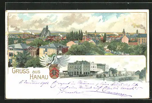 Lithographie Hanau, Totalansicht, Bahnhof, Stadtwappen