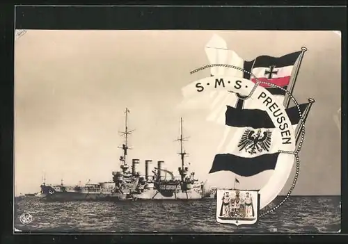 AK Kriegsschiff S. M. S. Preussen in Fahrt, Fahnen mit Wappen