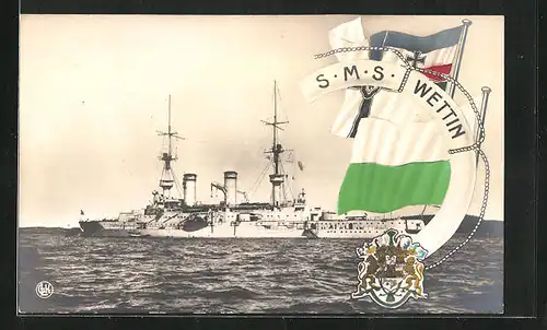 AK Kriegsschiff S. M. S. Wettin vor der Küste, Fahnen mit Wappen