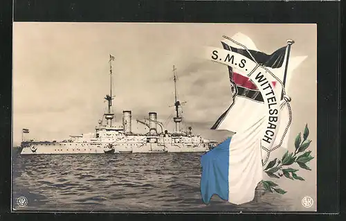 AK Kriegsschiff S. M. S. Wittelsbach in Fahrt, Fahnen