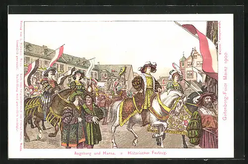 Lithographie Mainz, Gutenberg-Feier 1900, Augsburg und Hansa, Historischer Festzug, Buchdruck