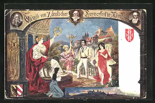 Lithographie Nürnberg, X. deutsches Turnerfest 1903, Germania und Nymphen, Ganzsache Bayern, PP 15 C 45 /02