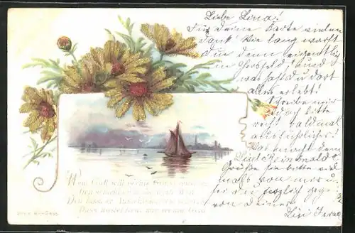 Lithographie Sonnenhut, Segelboot, Ansichtskartengeschichte, Glasperlchen auf Blüten