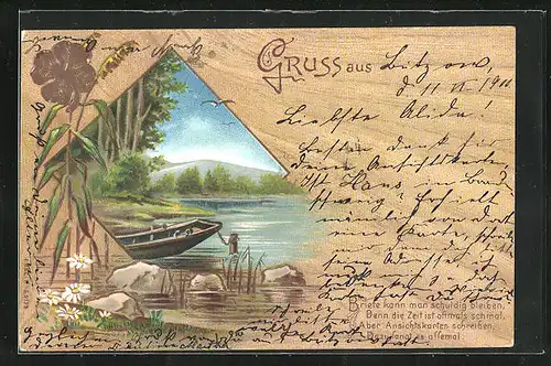 Lithographie Holzimitat, Boot am einsamen See, Ansichtskartengeschichte, Kleeblattaufkleber